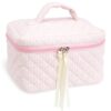 Quilted Makeup Bag for Women, Travel Cosmetic&Toiletry Bag,Pink Stripe