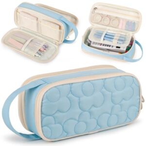 Quilted Pencil Case Bag Large,2 Compartment Pen Pouch with Handle for Girls
