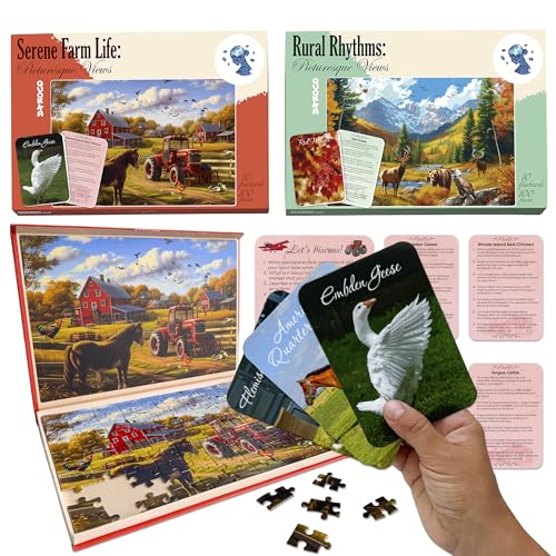 QUOKKA 100 Piece Dementia Puzzles for Elderly - 3SET Large Piece Puzzles for Seniors - 9 Memory Flashcards with Facts – 25 Discussion Prompts – Picturesque Views - Alzheimer's Activities Products