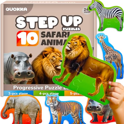QUOKKA Puzzles for Kids Ages 3-5 – Large Floor Puzzles for Toddlers 2-4 – 10 Realistic Safari Animal Shapes – Extra Thick Cardboard Preschool Learning Game – 40 Big Piece Gift Toy for Toddlers 1-3