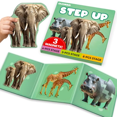 QUOKKA Step Up Magnetic Puzzles for Toddlers 1-3, Safari Animals Puzzle Set in One Book, Travel Games for Kids 3-5, Screen Free Toy for Toddlers and Preschoolers