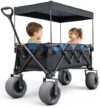 Rangland Beach Wagon for Kids with Seats & Canopy, Foldable Heavy Duty Cart with Large All Terrain Pneumatic Wheels for Sand, Black/Blue