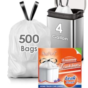 RayPard Mega Value Pack 500 Count Small Drawstring Trash Bags, 4 Gallon White Strong Plastic Waste Basket Liners, Bathroom Trash Bags, Compatible with 12–15L Cans for Household & Commercial Use