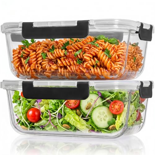 Razab 2 Pcs 1860ml / 63 Oz Large Glass Food Storage Containers with Lids - Glass Meal Prep Containers with Locking Lids for Roasting, Storing Leftover, Lunch Container, BPA Free, Microwave & Oven Safe