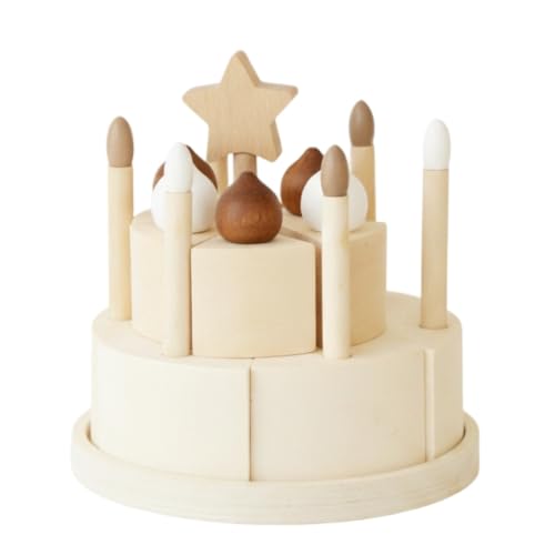 RCULWPLP Children Wooden Cake Pretend Set Toy Birthday Cake Ornament with Interlocking Pieces and Candle Posts in Unfinished Wood Suitable for Play Nursery , Double Layer Star Linden Wood Cream Cake