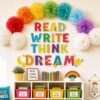 Reading Bulletin Board Set with 3D Flowers Paper Pom Poms Colorful Back to School Classroom Decorations Rainbow Reading Bulletin Board for School Classroom Home Office Chalkboard Wall Door Decor