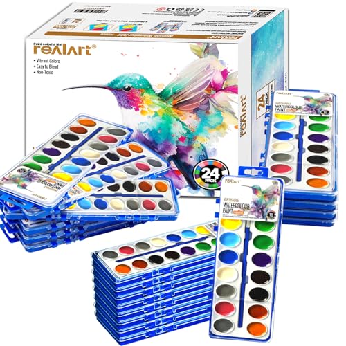 REALART 18 Colors Watercolor Paint Bulk Set of 24, Includes Metallic Glitter Pigments, Washable Non-Toxic Art Supplies for Kids, Classroom & Party Favors