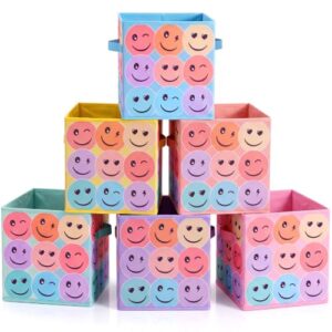 Reallnaive 6 Pcs 11 Inch Pastel Fabric Storage Cubes Smile Face Fabric Storage Bins Foldable Baskets with Handles Collapsible Cubes Organizer for School Closets Books Clothes Organization Shelves