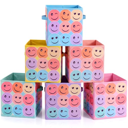 Reallnaive 6 Pcs 11 Inch Pastel Fabric Storage Cubes Smile Face Fabric Storage Bins Foldable Baskets with Handles Collapsible Cubes Organizer for School Closets Books Clothes Organization Shelves