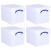 Really Useful Box 35 Liter Extra Strong Plastic Storage Box with XL Snap Lid and Clip Lock Handle for Lidded Home and Item Storage Bin, 4 Pack, White
