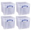 Really Useful Box 35 Liters Transparent Storage Container with Snap Lid and Clip Lock Handle for Lidded Home and Item Storage Bin, 4 Pack