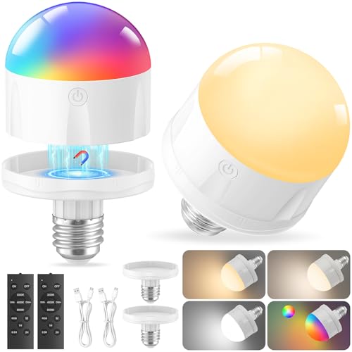Rechargeable 10000mAh Light Bulbs with Remote: E26 Led Battery Operated Light Bulb with 10 Colors & Timer for Sconces & Lamps - Dimmable Cordless Magnetic Bulbs with Remote for Non-Hardwired Fixture