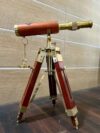 Red Leather Spyglass Telescope Nautical Desk Decor with Wood Tripod