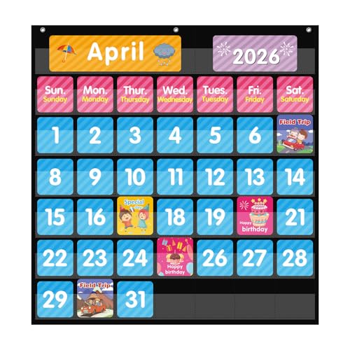 REGELETO Large 44 Pockets Calendar Pocket Chart for Classroom with 85 Cards, Size:25” X 24” Monthly Calendar and Weather Black Pocket Chart for Students Learning for Home or School (44 Pockets)