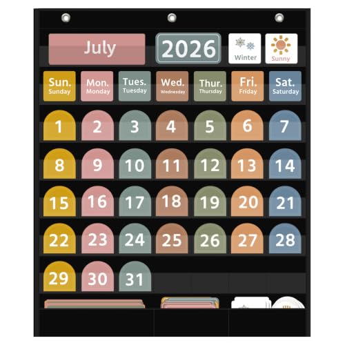 REGELETO Large Boho Calendar Pocket Chart with 96 Cards for Classroom, Size:32.25 x 24.125 inch Black Monthly Calendar and Weather Pocket Chart for Student Learning for Home or School.
