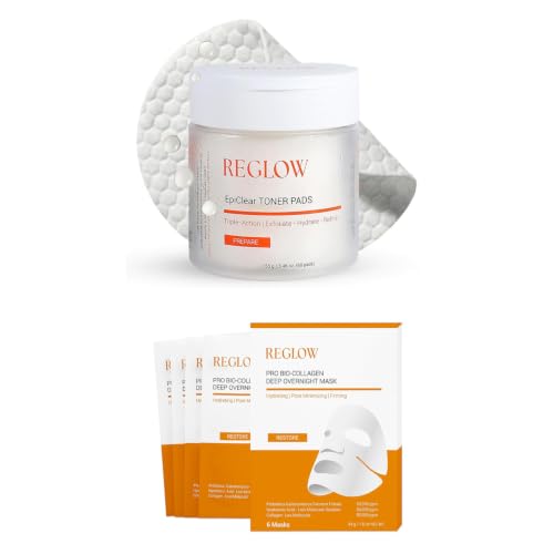ReGlow EpiClear Toner Pads & Bio Collagen Hydrogel Mask Bundle – PHA AHA BHA, Niacinamide, Overnight Korean Face Mask, 60 Pads & 6 Pack
