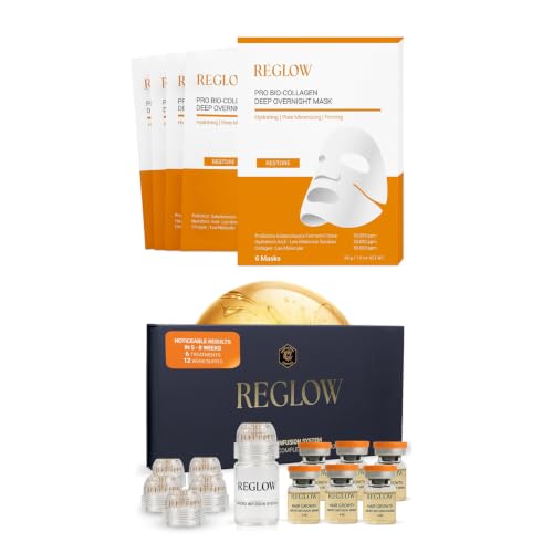 ReGlow Hair Density System & Bio Collagen Hydrogel Mask Bundle – Precision Applicators, Bio-Active Serum & Overnight Korean Face Mask, 6 Pack