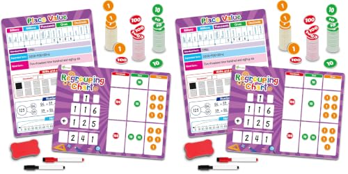 Regrouping Base Ten Place Value, Addition and Subtraction Math Manipulatives for 1st 2nd 3rd Grade, Double Sided Magnetic Dry Erase Board for Kids Classroom Must Haves Homeschool Supplies (Pack of 2)