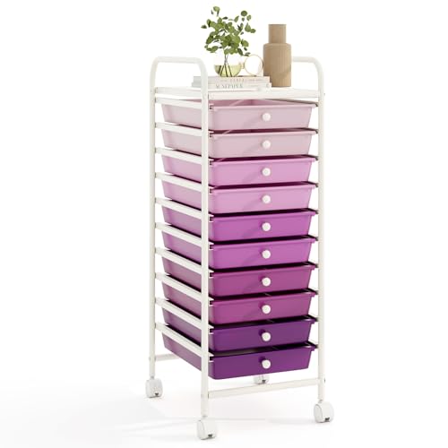 RELAX4LIFE 10 Drawer Rolling Cart - Slim Storage Cart w/Lockable Wheels for Classroom School Teacher Office, Art Supplies Paper Scrapbook Craft Organizers, Utility Cart with Drawers (Gradient Purple)