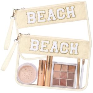 Remerry 2 Pcs Chenille Letter Clear Pouch Monogram Preppy Patch Bag Cute Waterproof PVC Makeup Cosmetic Toiletry Snack Organizer for Women Travel Gym Purse(Beach,White)