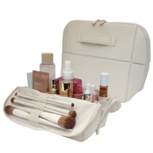 renvee Makeup Bag for Travel, Standing Toiletry Bag with Compartments, Fold Down Vertical Makeup Organizer, Travel Toiletry Bag for Women, Leather Cosmetic Bag, Cream