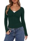 REORIA Womens V Neck Lace Shirts Ribbed Cute Button Ruched Army GR XL
