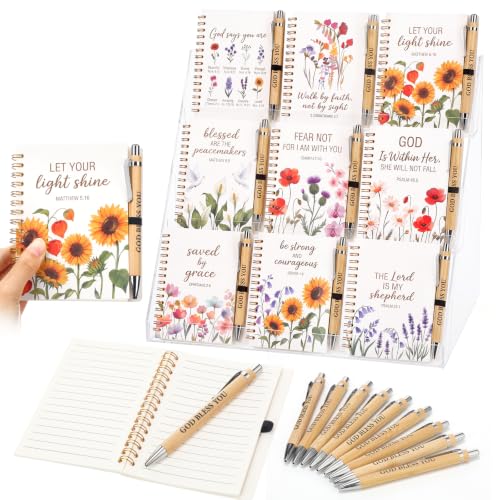Resurhang 9 Sets Christian Gifts for Women Bulk Bible Spiral Notebooks with Bamboo Pens Floral Journal Inspirational Scripture Religious Notepad for Church Employees Colleague Bible Study Supplies