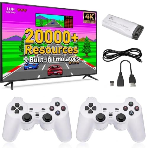 Retro Gaming Console, 20,000 Classic Video Games with 4K High-Definition Game Stick, 2.4G Wireless Controllers and 64GB Memory Card, Built-in 9 Emulator Support, Plug and Play for TV (White)