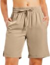REWKOY Womens Athletic Shorts Basic Workout Running Shorts Lightweight Quick Dry Gym 9" Shorts with Pockets Khaki S