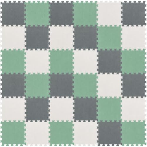 Riakrum 100 Tiles 12 x 12 Inch Puzzle Floor Mats with Borders 0.4 Inch Thickness Interlocking Floor Tiles Soft Safe Play Mats for Exercise Gym Workout Nursery Home (Green,Gray,White,Plush)
