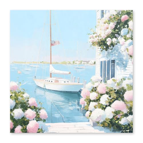 RLTXBUK Nautical Sailboat Hydrangea Floral Diamond Art Kits, Coastal Grandma Decor, Summer Coastal Ocean Flower Gem Diamond Painting Art Kits for Adults Kids Beginners, 11.8x11.8 Inch