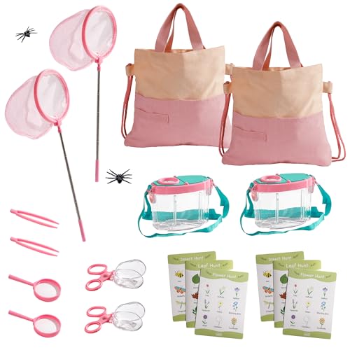 ROBOTIME 2-Person Bug Catcher Kit for Kids - Complete Pink Outdoor Explorer Set with Double Tools for Siblings & Friends (Ages 3+)