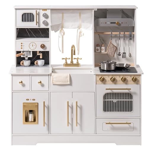 ROBOTIME Wooden Play Kitchen for Toddlers and Kids, Toy Kitchen Set with Ice Maker and Coffee Machine, Realistic Toddler Kitchen Set, Gift for Girls Boys Ages 3+ White