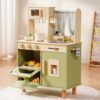 ROBOTIME Wooden Play Kitchen Set for Kids, Pretend Toddler Kitchen with Microwave, Sink, Stove & Ice Maker, Kids Kitchen Playset Gift for Boys and Girls Ages 3+ (Green)
