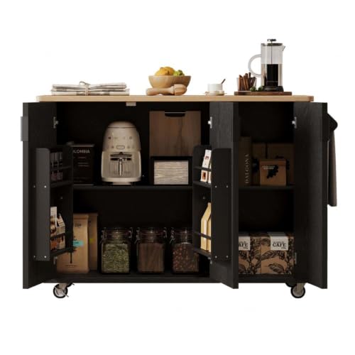 Rolling Island Cart for Kitchen with Drop Leaf Countertop with Storage and Dining Table, Portable Kitchen Island On Wheels with Wheels Towel Rack, for Kitchen, Dining Room, Black