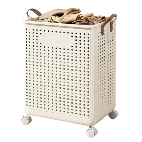 Rolling Laundry Hamper with Wheels and Lid, Plastic Laundry Basket with Sorting Compartments, Ventilated Clothes Organizer for Bathroom, Bedroom, Closet and Home Utility Spaces (Beige 60L)