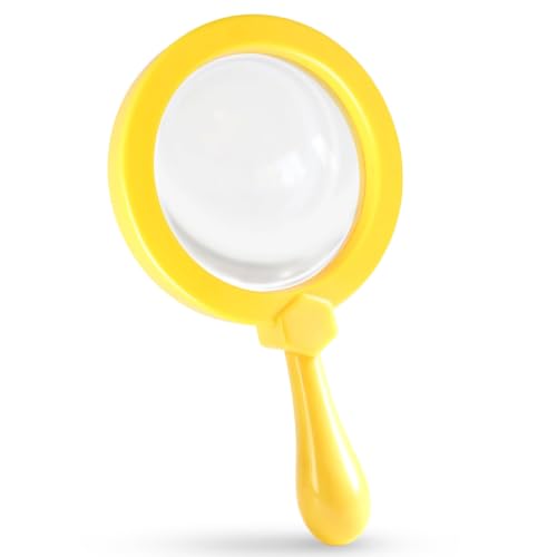 Rongon Kids Magnifying Glass Handheld Jumbo Magnifiers with Stand, Exploration Play Reading Magnifier Magnifying Lens for Nature Exploration, Science Experiments, 5X Magnification Loupe (Yellow)