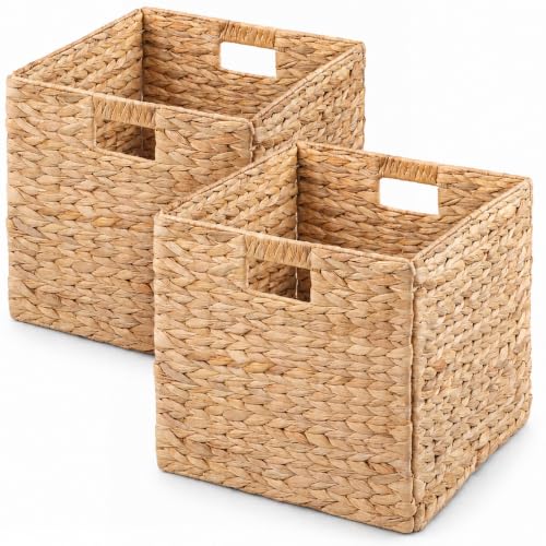 ROOMTEC 12.6" x 12.6" x 12.6" Water Hyacinth Storage Basket Set of 2, Handwoven Wicker Cube Baskets with Handles, Foldable Square Organizer Bins for Shelves, Closet, Living Room, Bedroom, Natural