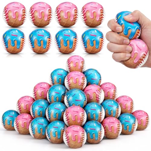 Roowest 12 Pcs Ice Cream Drip Pattern Baseball Party Favors Pink and Blue Stress Balls 2.36 Inch Foam Squeeze Balls for Stress Relief & Hand Relaxation, Birthday Party Decorations, Goodie Bag Stuffers