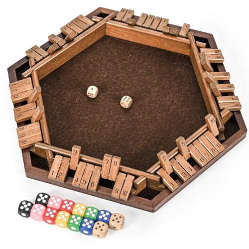 ropoda 6-Way Shut The Box Game-Upgraded 1-6 Player Wooden Dice Game for Adults and Kids, Addition Training, Fun for Family Game Night-Vintage Style