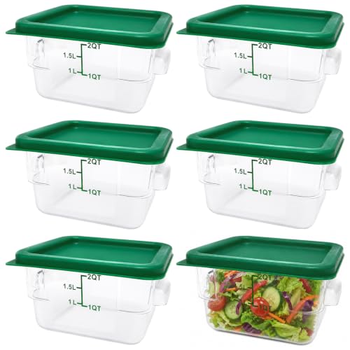 Roriori 6 Pcs 2 Qt Food Storage Containers with Lids, Clear Square Storage Containers with Handles and Measurement Scales, Plastic Food Container for Restaurant and Home Kitchen