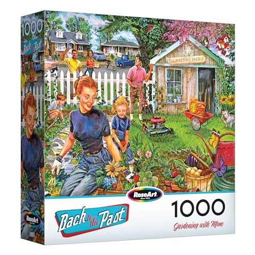 RoseArt - Back to the Past - Gardening with Mom 1000 Piece Jigsaw Puzzle - Vintage Retro Garden Scene Puzzle for Adults - Finished Size 26.625 x 19.25 Made in USA