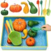 Rtteri 10 Pcs Fall Pumpkin Sensory Bin for Kids Clean the Pumpkins Thanksgiving Montessori Toys Autumn Fine Motor Toys 5 Mini Pumpkins 2 Brushes 2 Strainers 1 Storage Box for Preschool Learn Activity