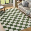 Rug 5x7 Checkered Rug, Green and White Area Rug, Low Pile Lightweight Indoor Carpet with Non-Slip Backing for Bedroom Classroom Playroom Kids