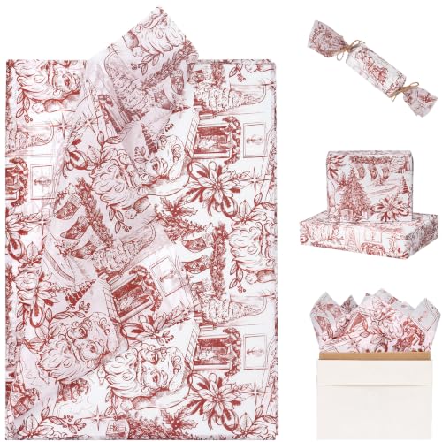 RUSPEPA Vintage Christmas Tissue Paper, Red Vintage Santa Toile Design Gift Wrapping Tissue Paper for Holiday Gift Bags, Christmas Presents, Party Favors, DIY Crafts, 19.5 x 27.5 Inches, 25 Sheets