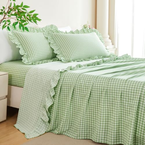 RYNGHIPY Green Checkered Sheet Sets King Size 4 Pieces Soft Lightweight Microfiber Ruffled Gingham Bed Sheet Set Vintage Cottage Plaid Grid Bed Sheets with 2 Pillowcases (Green Gingham, King)