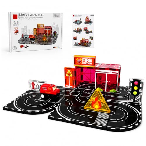 RYPTARK 30PCS Magnetic Tiles Route Track Set for Kids, Fire Rescue Building Toys with Moving Fire Truck with Track Alignment, STEM Educational, for Fire Station Pretend Play, for Kids Ages 4-8