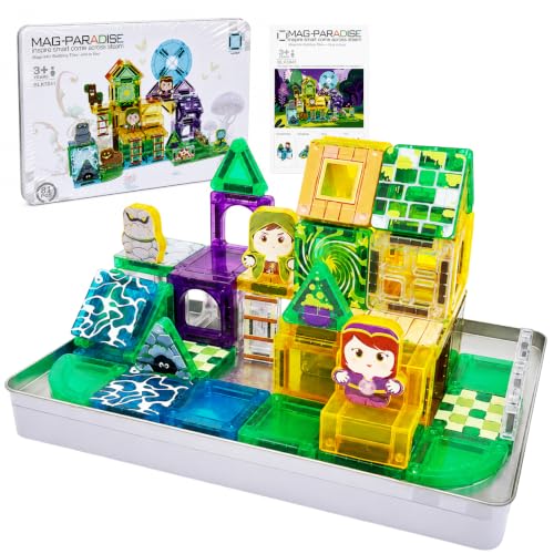 RYPTARK Mini Magnetic Tiles Travel Set, 81PCS Magic World Magnetic Building Blocks with Case Travel Toys for Kids Ages 3-8 Years Old Girls and Boys STEM Sensory Gifts for Toddlers