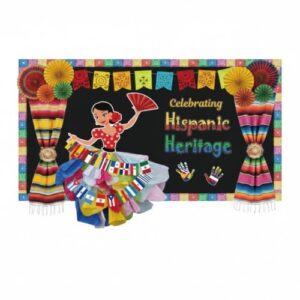 Sabary 121 Pcs Heritage Month Decorations Bulletin Board Set with Latin American Flags Paper Flowers Banner Fans Backdrop Spanish Classroom Decor for Latin American School Home Door Wall Party