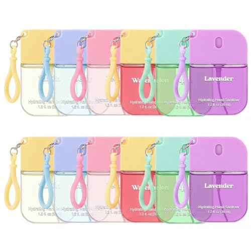 Sacubee 12 Pcs Hydrating Hand Sanitizer Spray Scented Hand Sanitizer Mini Spray with Keychain Portable Travel Size 1.2 Fl oz 6 Refreshing Scents Moisturizing for Women Travel Office